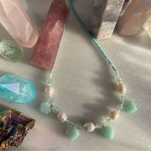 Scallop Seashell + Pearls Blue Chalcedony Beaded Necklace